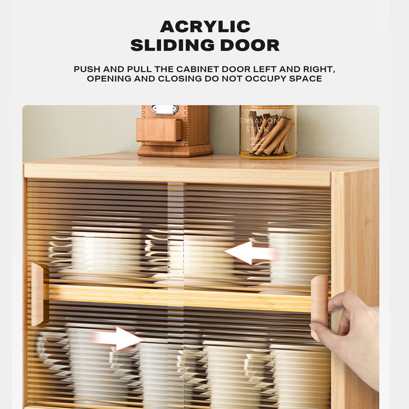 Bamboo Dustproof Cup Storage Cabinet with Sliding Acrylic Door 4