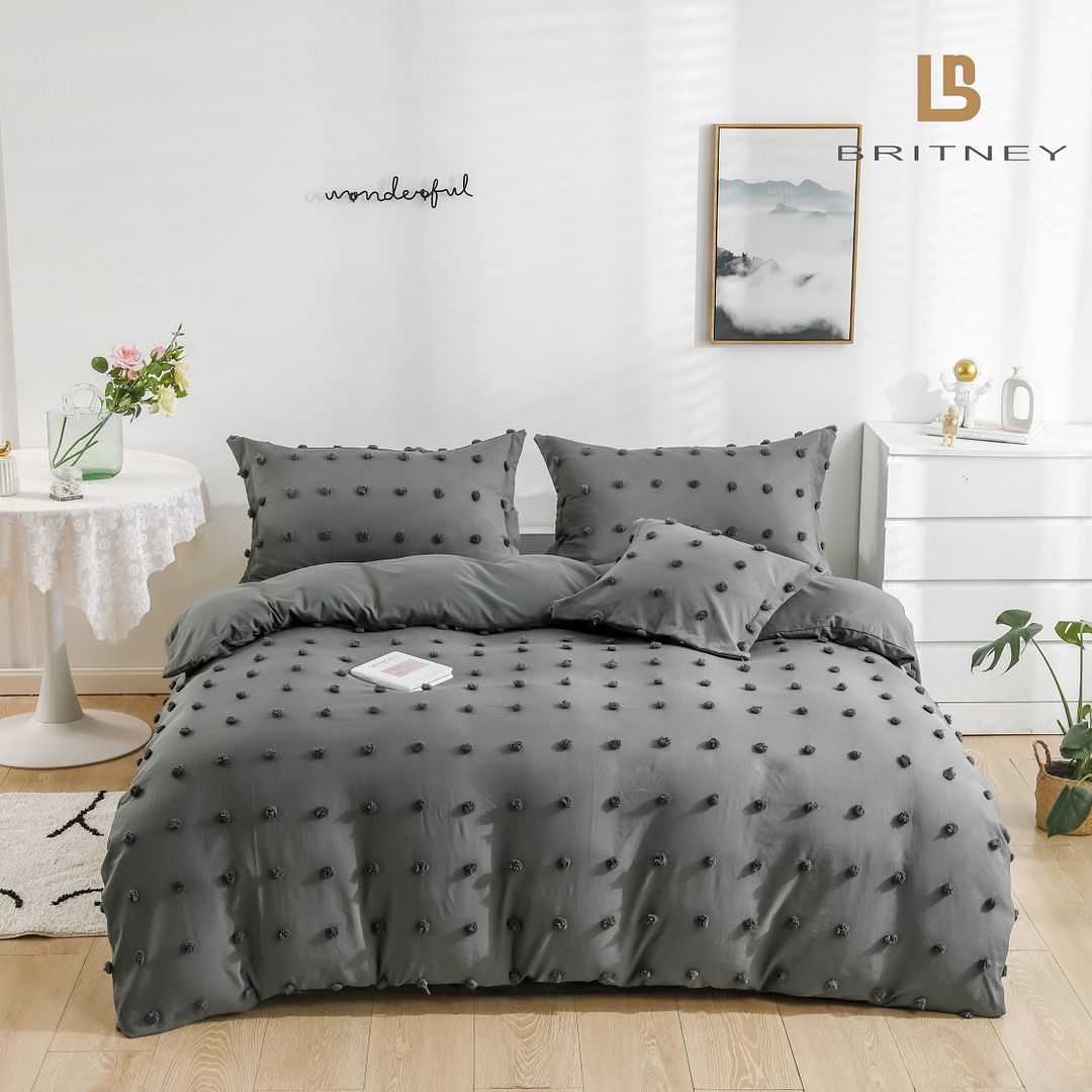 Tufted Dot Jacquard Super King Size Grey Duvet Quilt Cover Set 3