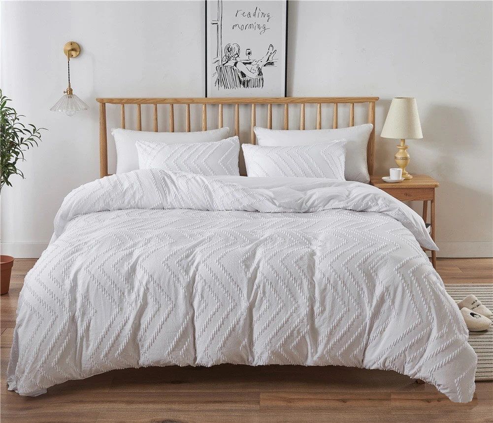 Tufted Boho Wave Jacquard King Size White Duvet Quilt Cover Set 3