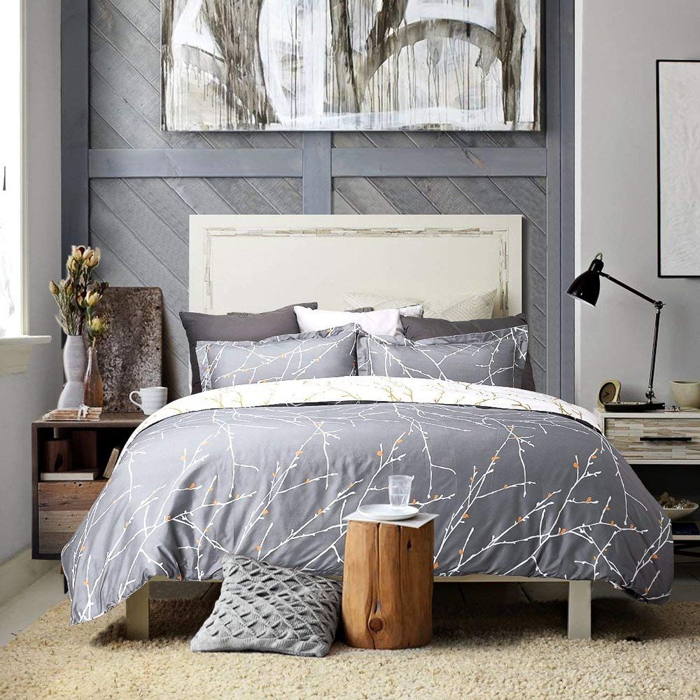 Tree Reversible King Size Grey Duvet Quilt Cover Set 3
