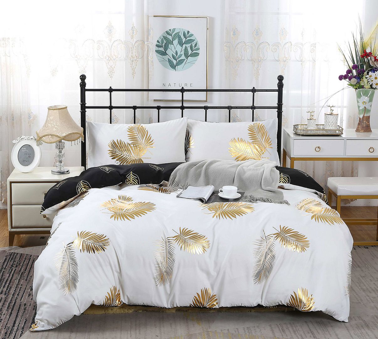 Reversible Design King Size Black Gold Duvet Quilt Cover Set