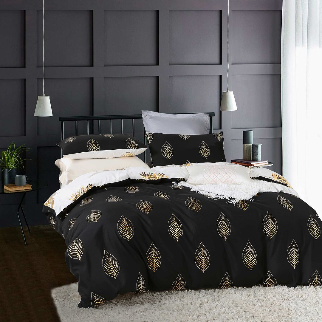 Reversible Design King Size Black Gold Duvet Quilt Cover Set 3