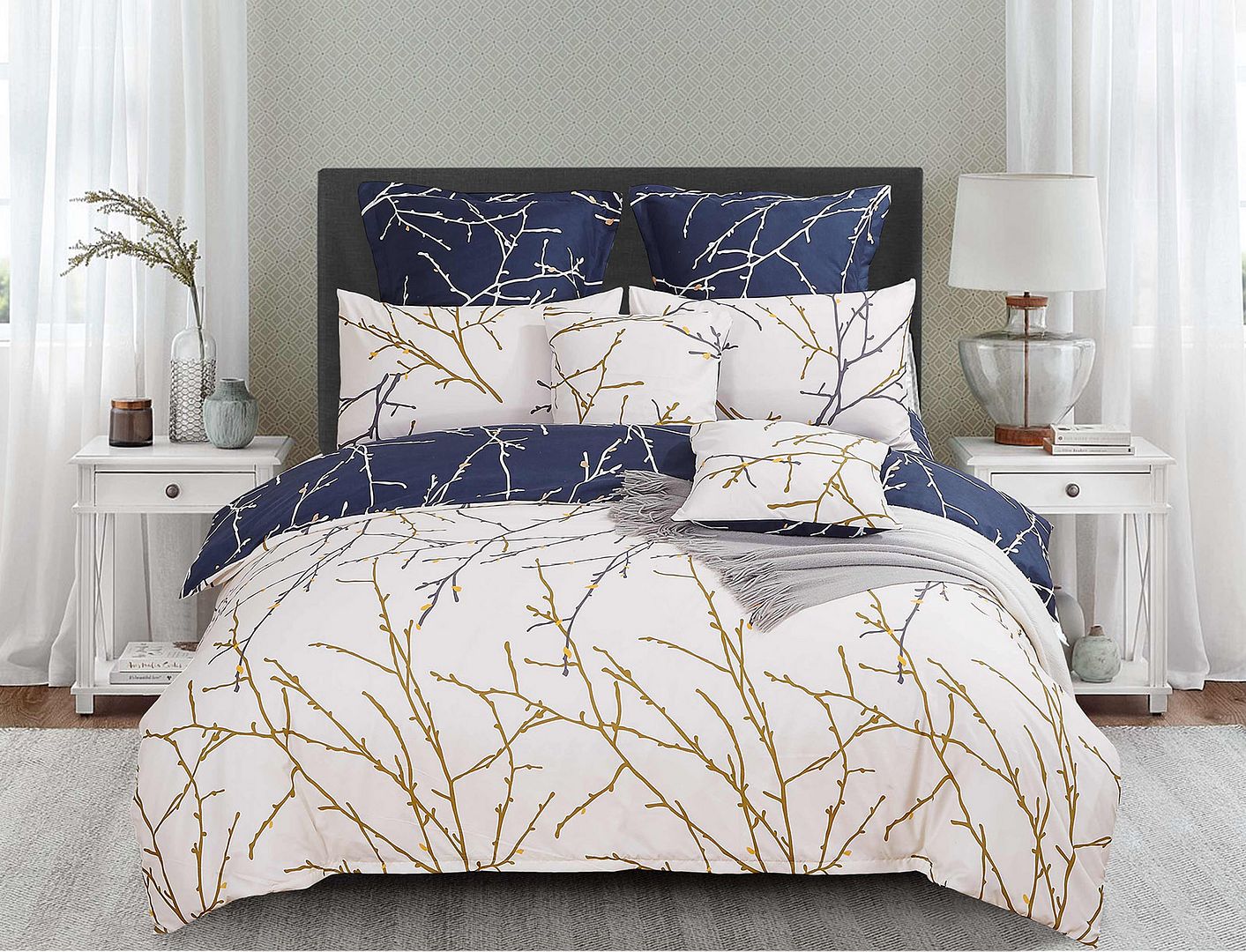Tree Reversible Queen Size Blue Duvet Quilt Cover Set