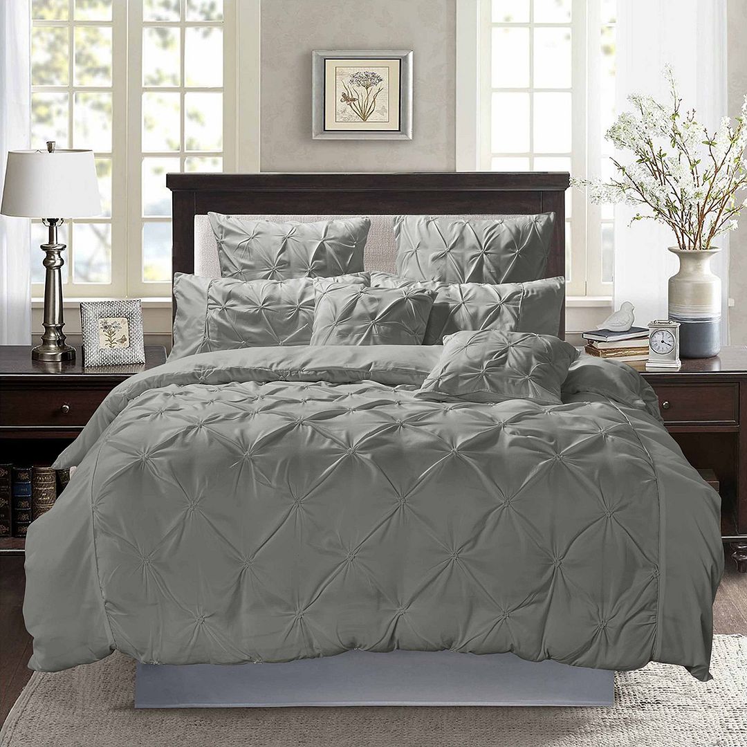Diamond Pintuck Double Size Grey Duvet Quilt Cover Set 4