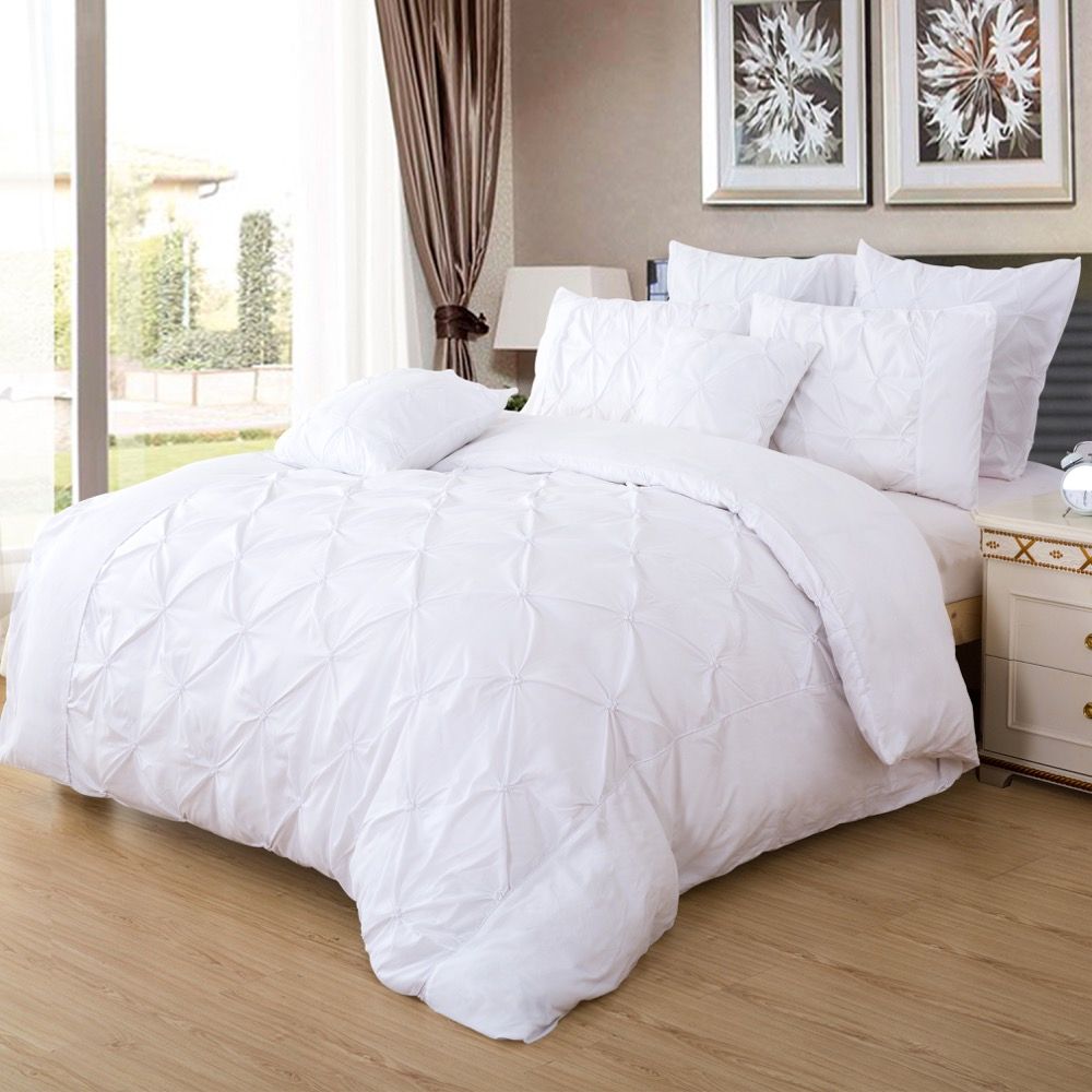 Diamond Pintuck Queen Size White Duvet Quilt Cover Set