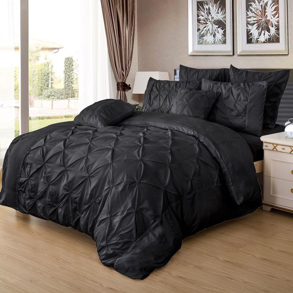 Diamond Pintuck Queen Size Black Duvet Quilt Cover Set