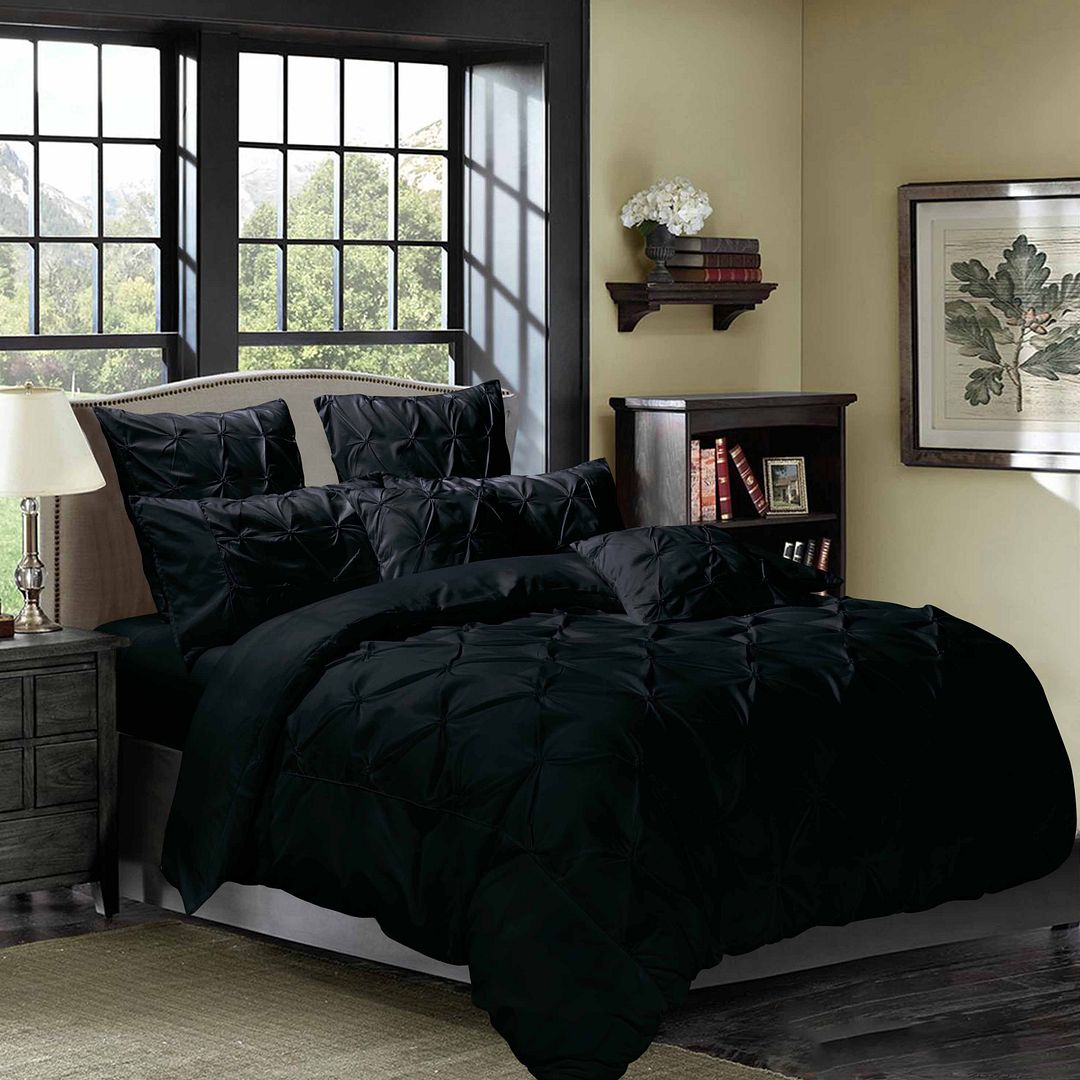 Diamond Pintuck Queen Size Black Duvet Quilt Cover Set 3