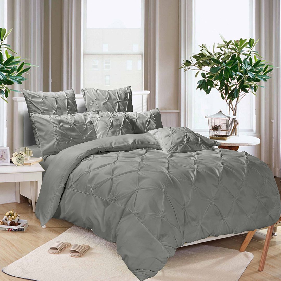 Diamond Pintuck Queen Size Grey Duvet Quilt Cover Set 3