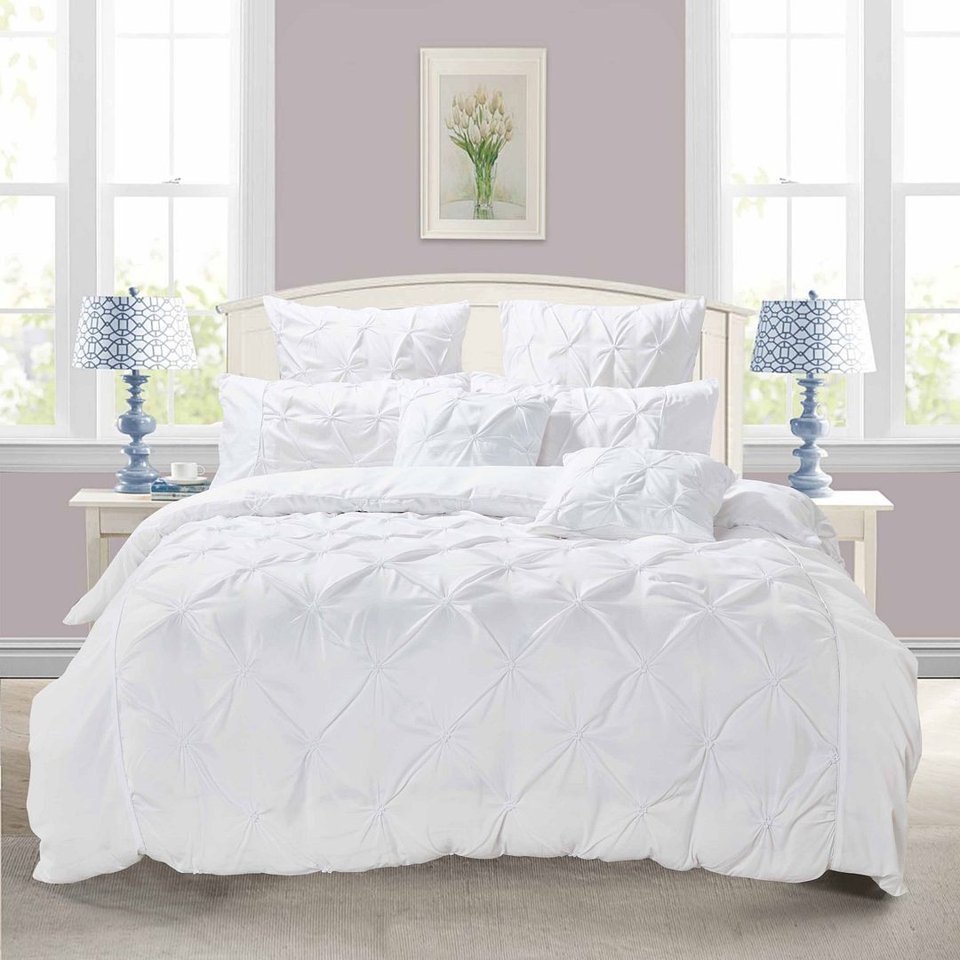 Diamond Pintuck Super King Size White Duvet Quilt Cover Set 4