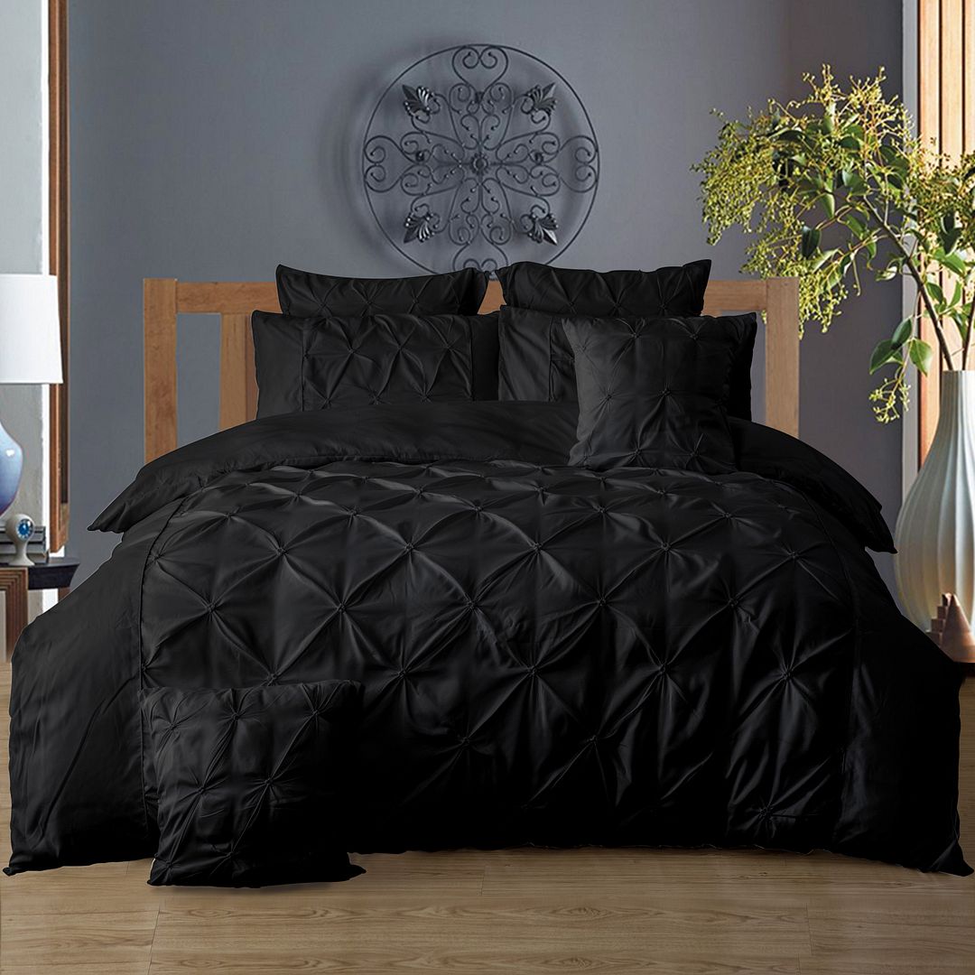 Diamond Pintuck Super King Size Black Duvet Quilt Cover Set 4