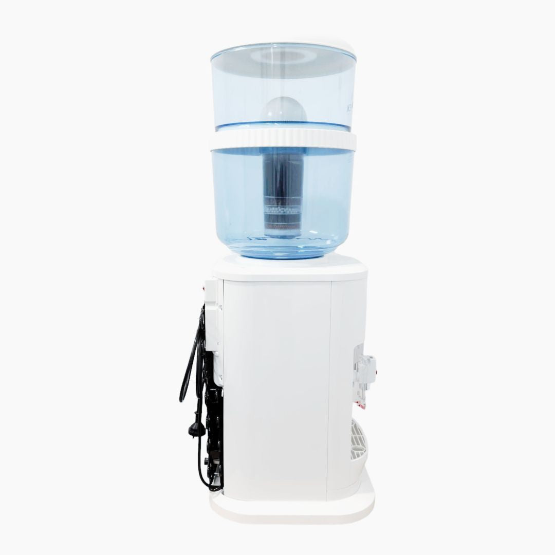 Luxurious White Benchtop Hot and Cold-Water Dispenser with Filter Bottle and LG Compressor 3