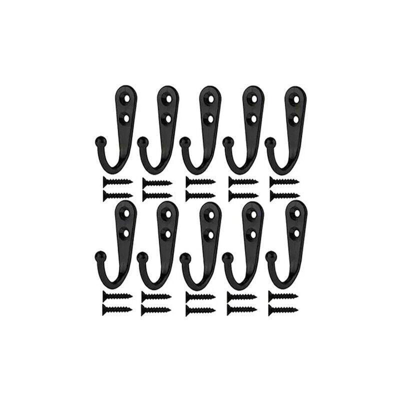 10Pcs Wall Hooks Heavy Duty Coat Hat Robe Hanger Double Hole Zinc Alloy Vintage - Black 6