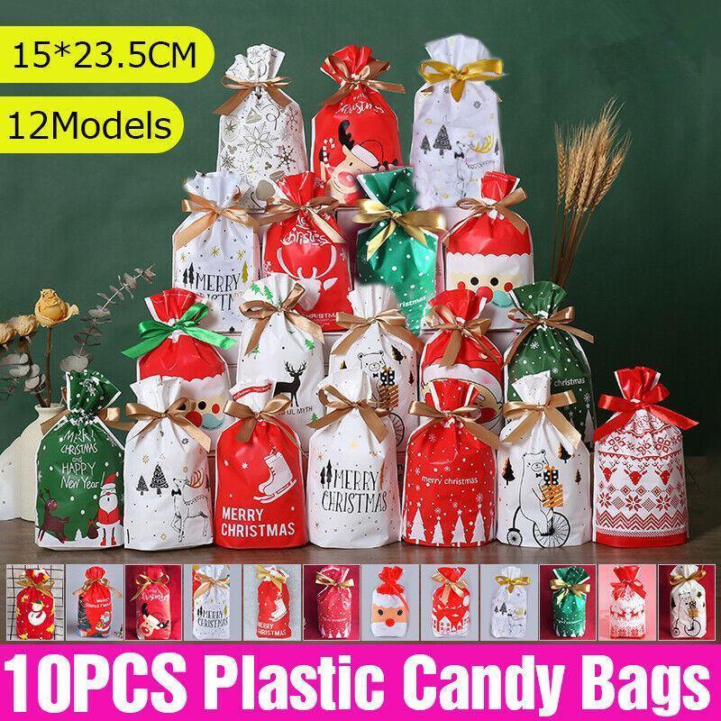 10pcs Christmas Candy Bags Gift Treat Drawstring Pouches Biscuit Cookie Packaging - 10Pcs Bag-Red Tree