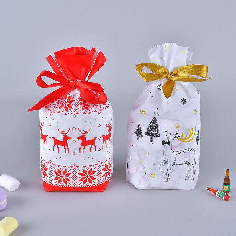 10pcs Christmas Candy Bags Gift Treat Drawstring Pouches Biscuit Cookie Packaging - 10Pcs Bag-White House 3
