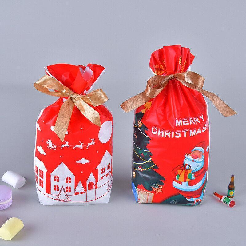 10pcs Christmas Candy Bags Gift Treat Drawstring Pouches Biscuit Cookie Packaging - 10Pcs Bag-White House 5
