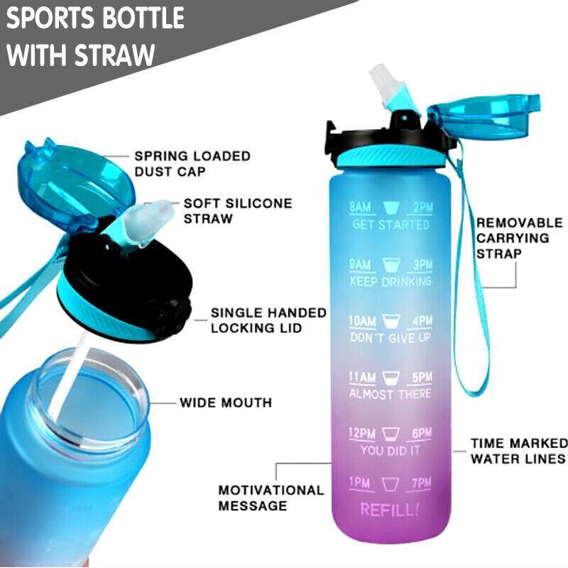 1L Water Bottle Motivational Drink Flask With Time Markings Bpa Free Sport Gym - Blue+Pink 3