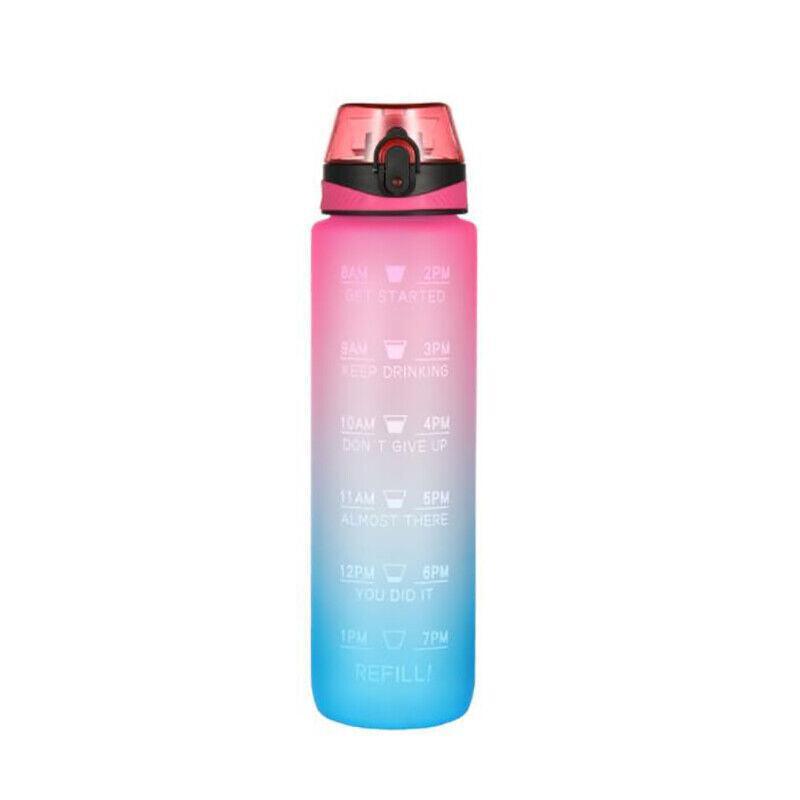 1L Water Bottle Motivational Drink Flask With Time Markings Bpa Free Sport Gym - Blue+Pink 8