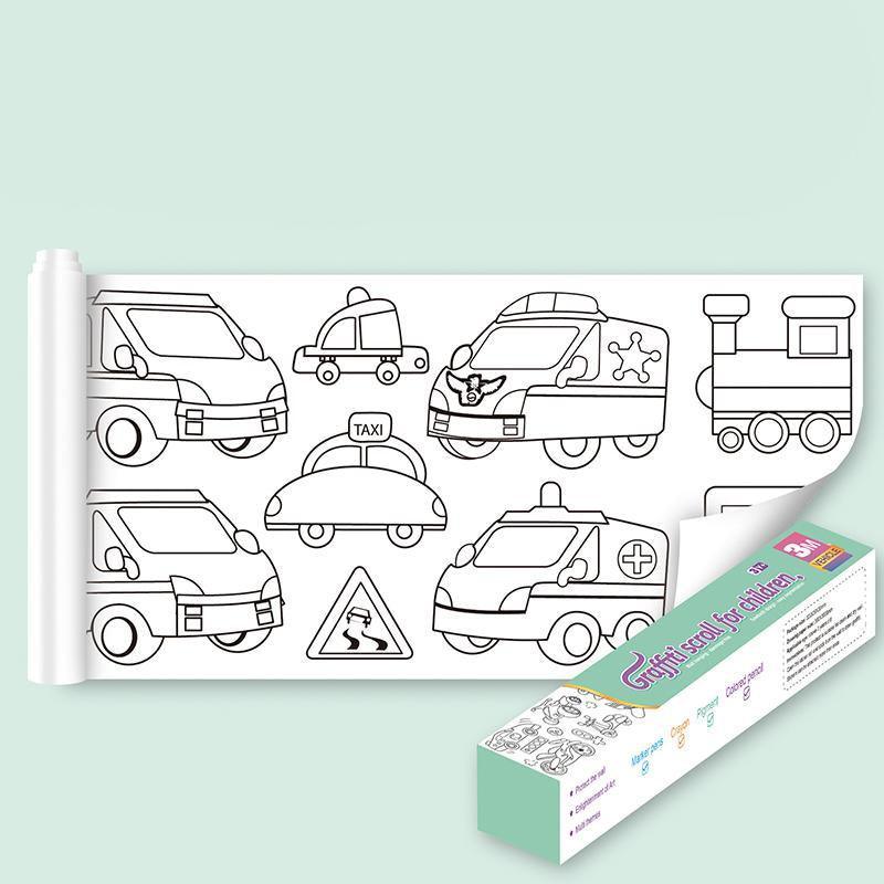 3M DIY Colouring Paper Roll with 12 Colour Pencils Cartoon Doodle Set - Transportation (With 12PCS Colored Pencils 3