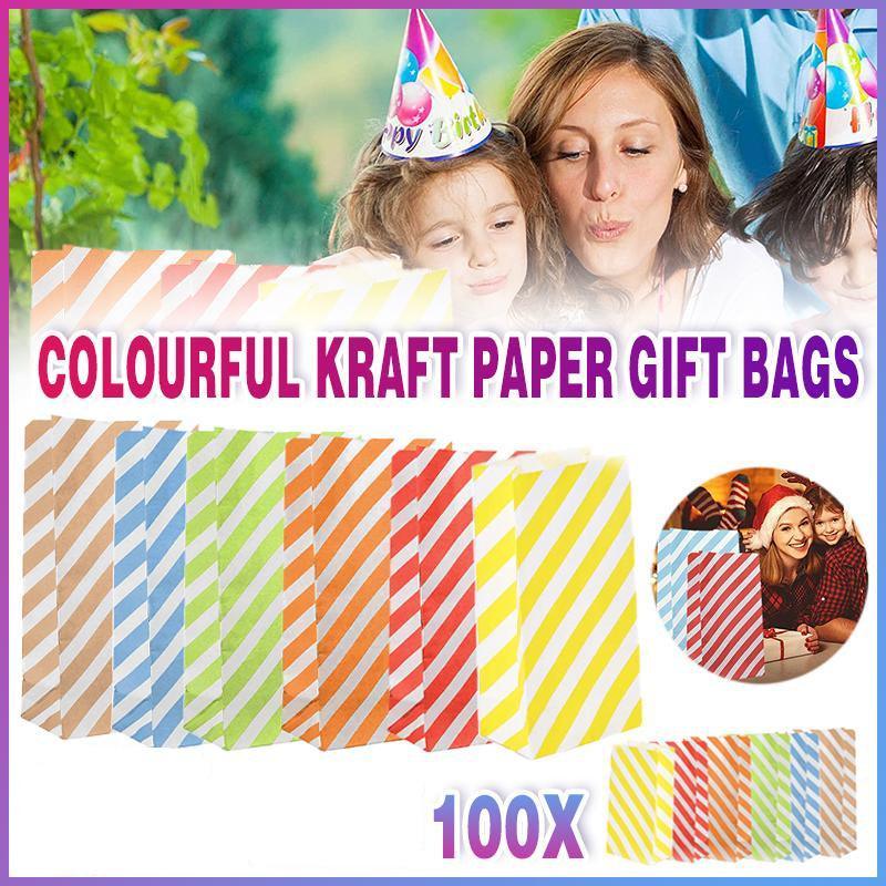 100X Colourful Plaid Kraft Paper Bag Candy Cookie Snack Cake Gift Bags 9X6X18cm - Blue