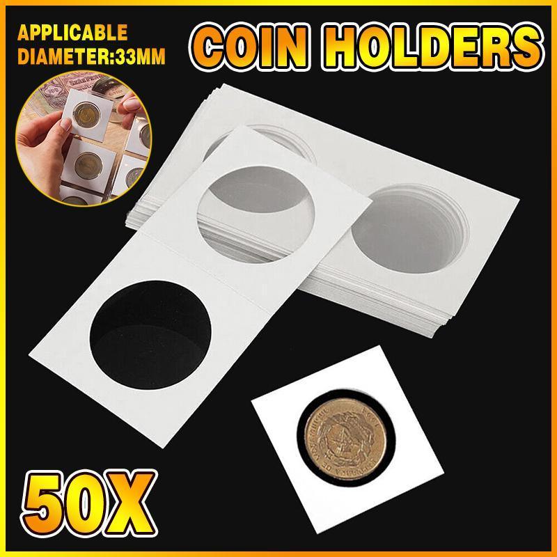 50x 33mm CARDBOARD COIN HOLDERS Staple Coin Holder Display Clear Window Folder