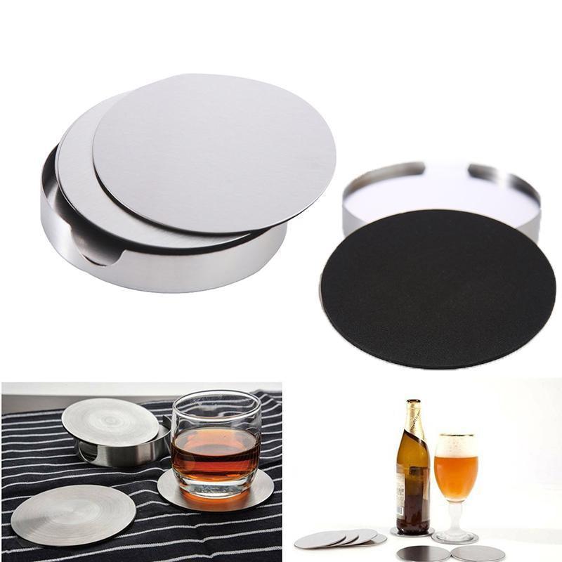 Stainless Steel Drink Coaster Set 6PCS Heat Resistant Cup Pads With Holder 3