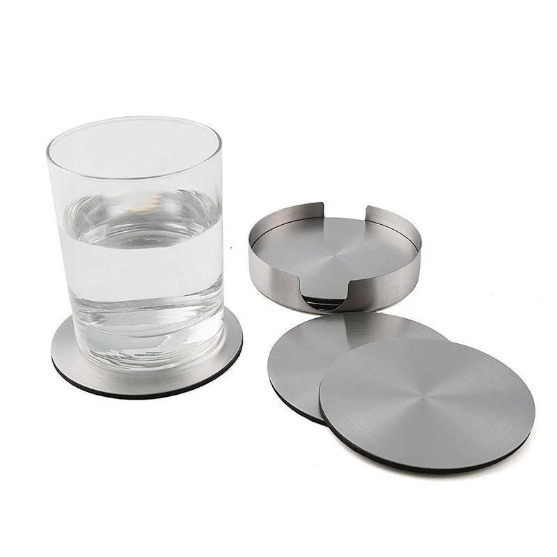 Stainless Steel Drink Coaster Set 6PCS Heat Resistant Cup Pads With Holder 4