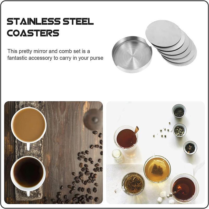 Stainless Steel Drink Coaster Set 6PCS Heat Resistant Cup Pads With Holder 5