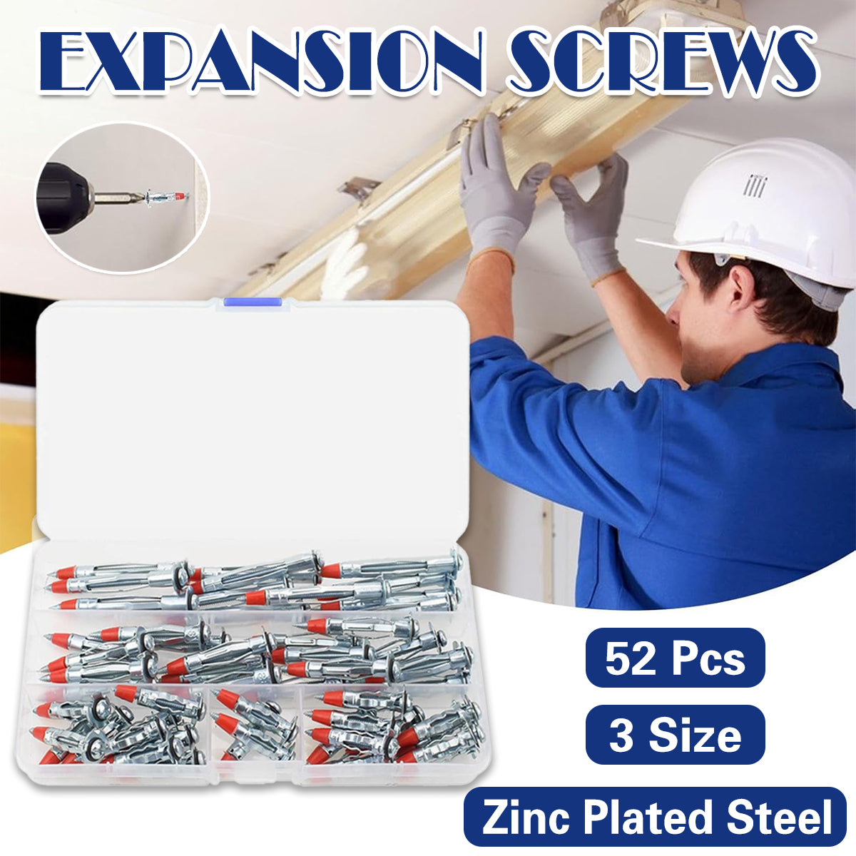 52PCS Galvanized Steel Wall Anchors Expansion Screws Self Tapping Bolts