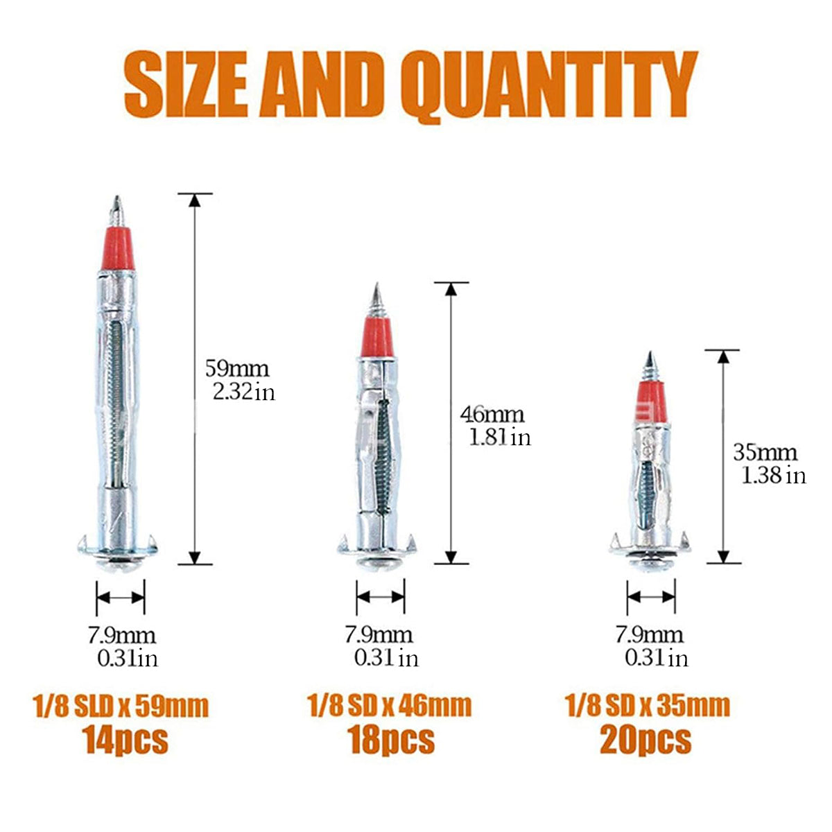 52PCS Galvanized Steel Wall Anchors Expansion Screws Self Tapping Bolts 3