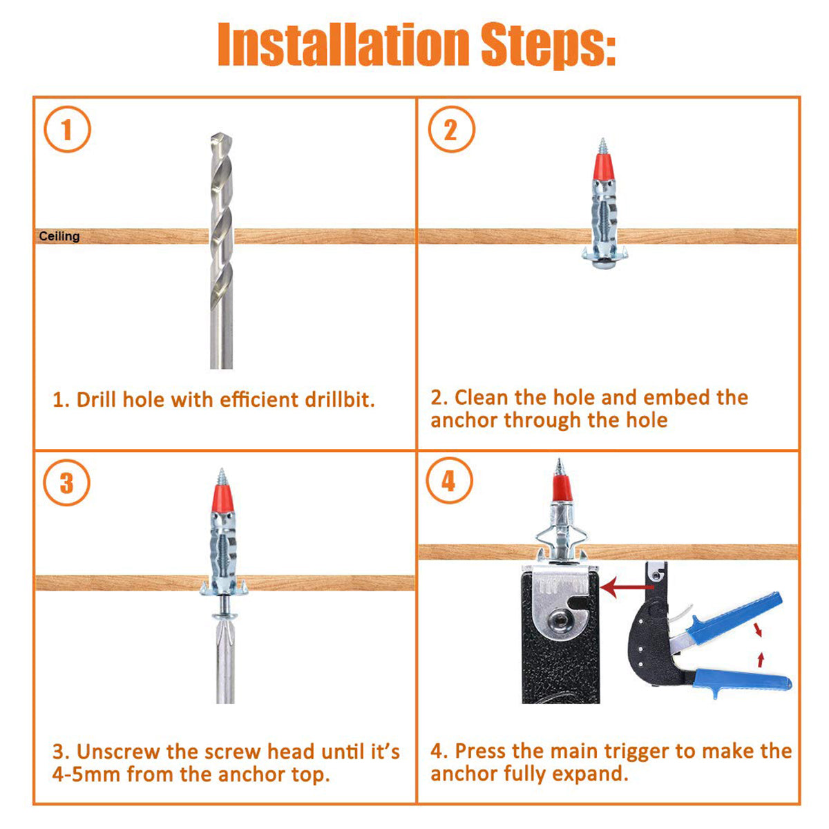 52PCS Galvanized Steel Wall Anchors Expansion Screws Self Tapping Bolts 5