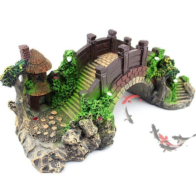Aquarium Fish Tank Ornament Bridge Resin Rock Pavilion Tree Landscape Decoration - L:19*7*8.5CM 4