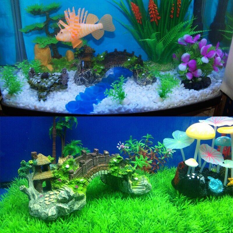 Aquarium Fish Tank Ornament Bridge Resin Rock Pavilion Tree Landscape Decoration - L:19*7*8.5CM 5