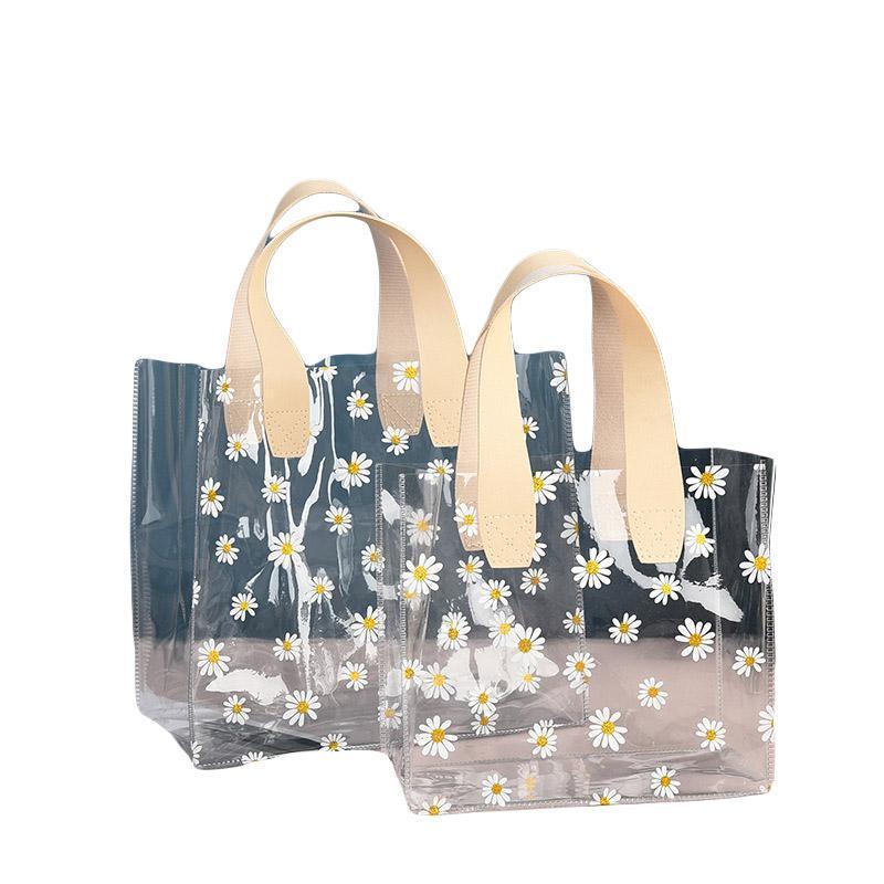 10pcs Small Fresh Transparent PVC Tote Bag Wedding Candy Gift Bag Daisy Design - Beige - L 6