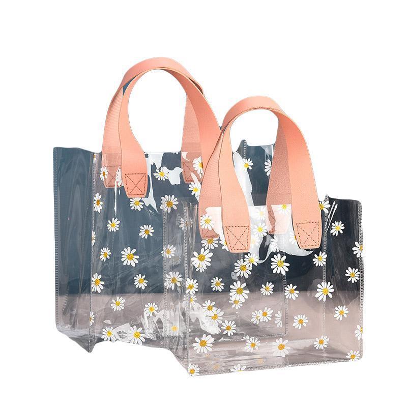 10pcs Small Fresh Transparent PVC Tote Bag Wedding Candy Gift Bag Daisy Design - Beige - L 8