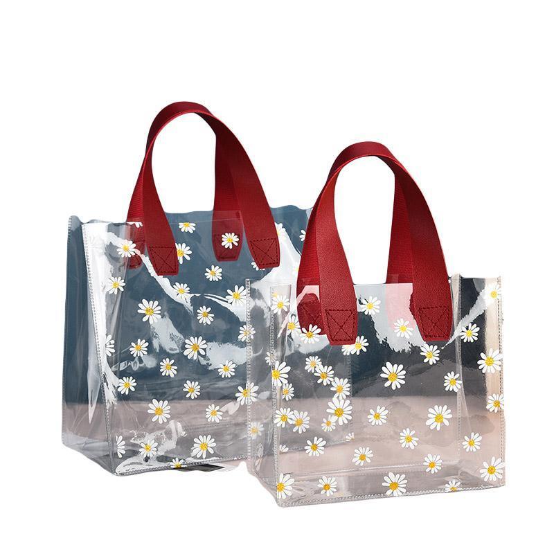 10pcs Small Fresh Transparent PVC Tote Bag Wedding Candy Gift Bag Daisy Design - Beige - L 10
