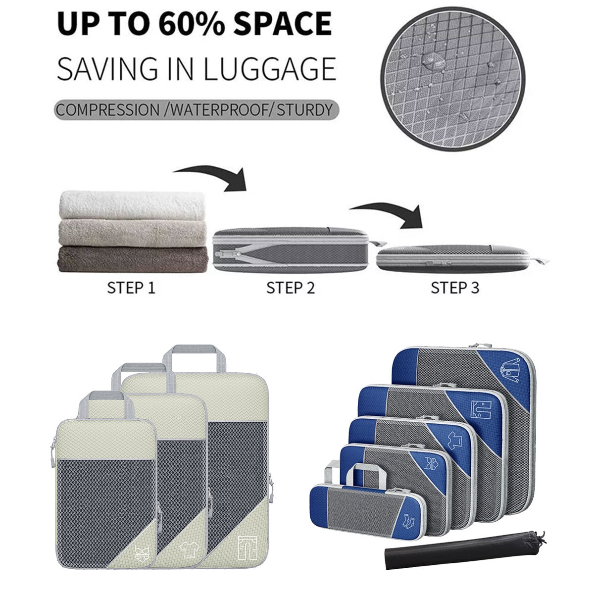 6PCS Compression Packing Cubes Expandable Luggage Storage Bag Travel Packing Bag - White 4