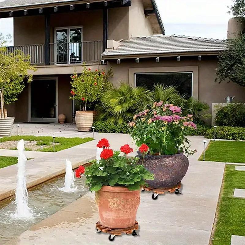 Wooden Round Universal Wheel Planter Base Tray Mobile Planter Stand for Garden 5