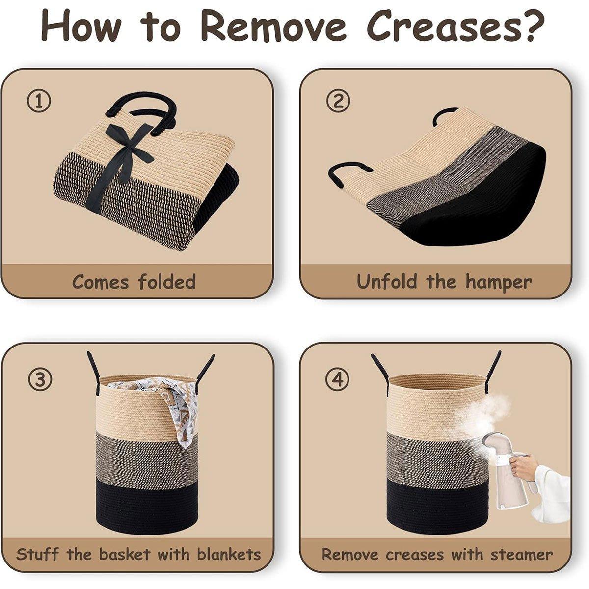 Woven Cotton Rope Storage Basket Foldable Laundry Bin Bamboo Clothes Organizer - Khaki Black 5