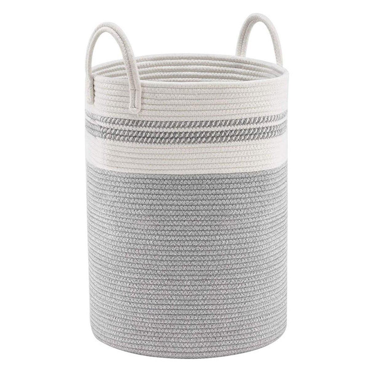 Woven Cotton Rope Storage Basket Foldable Laundry Bin Bamboo Clothes Organizer - Khaki Black 6