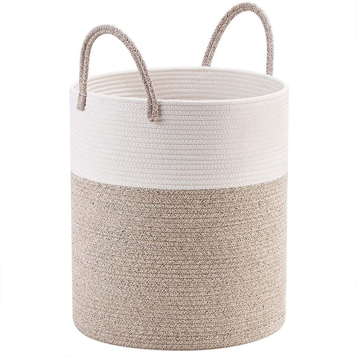 Woven Cotton Rope Storage Basket Foldable Laundry Bin Bamboo Clothes Organizer - Khaki Black 7