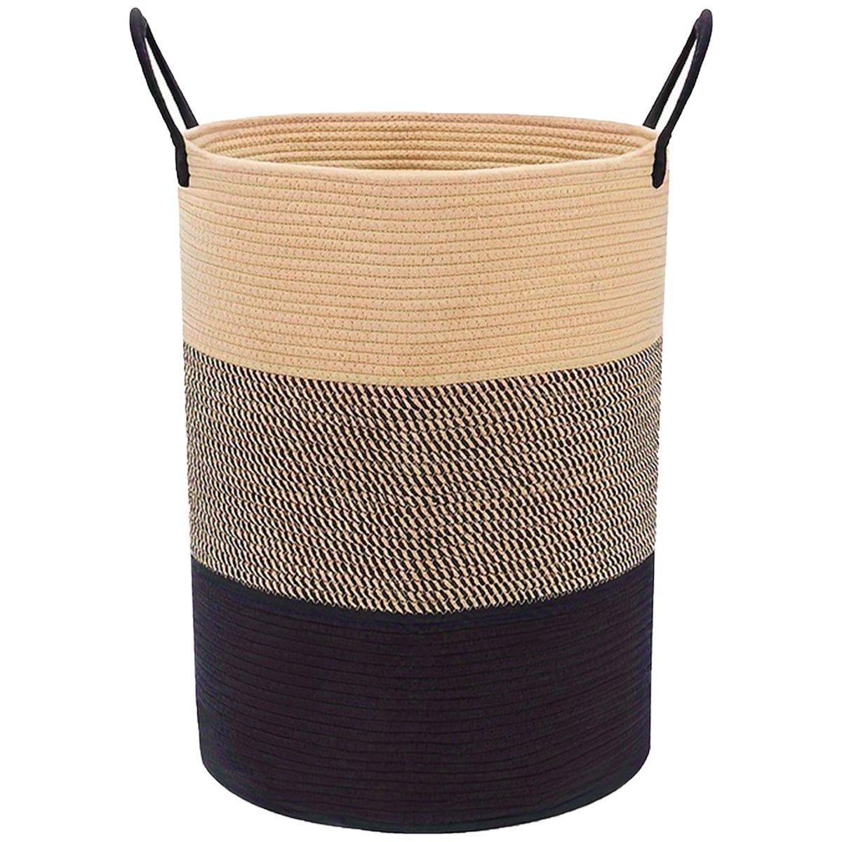 Woven Cotton Rope Storage Basket Foldable Laundry Bin Bamboo Clothes Organizer - Khaki Black 8