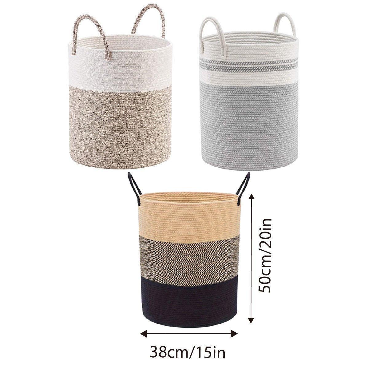 Woven Cotton Rope Storage Basket Foldable Laundry Bin Bamboo Clothes Organizer - White Brown 3