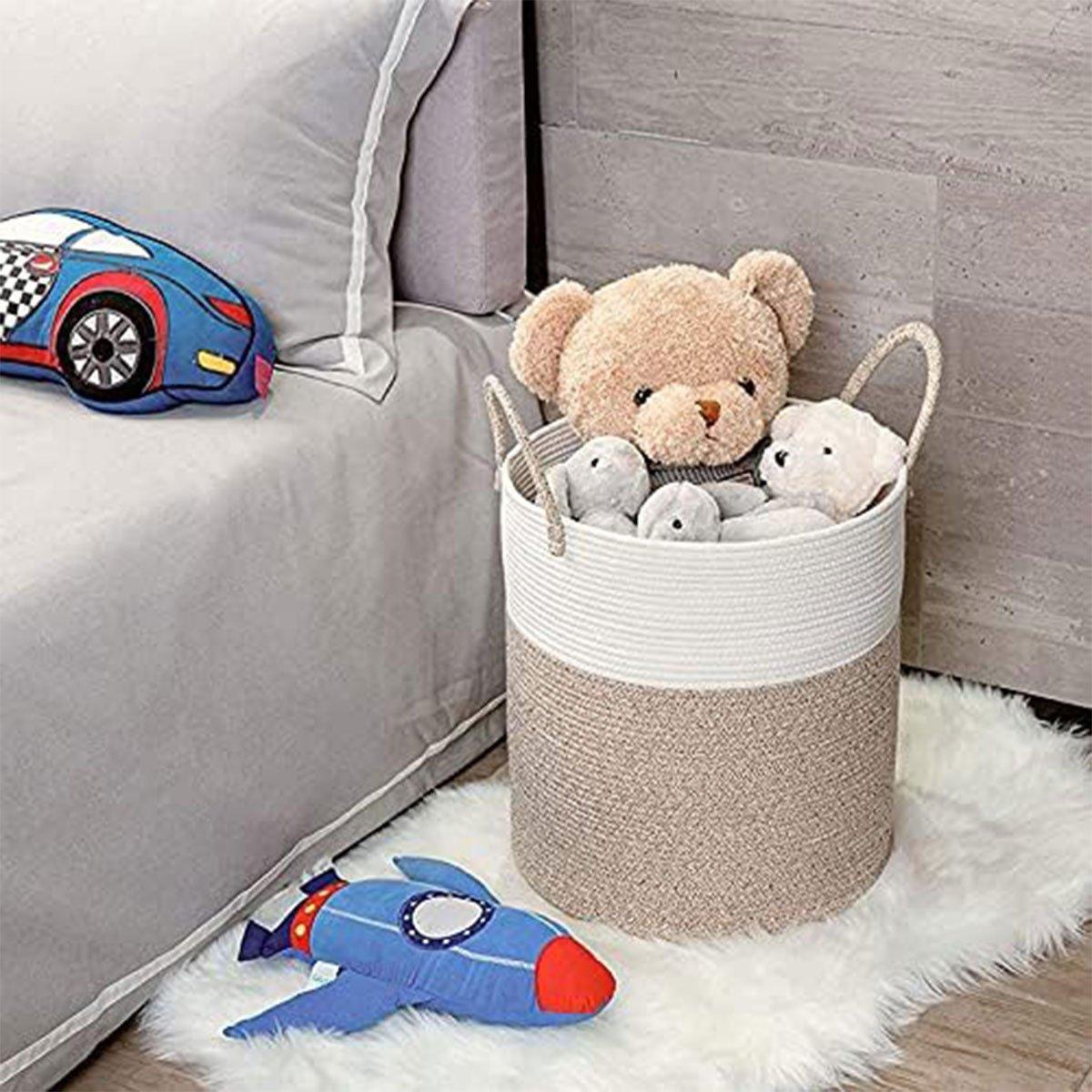 Woven Cotton Rope Storage Basket Foldable Laundry Bin Bamboo Clothes Organizer - White Brown 4