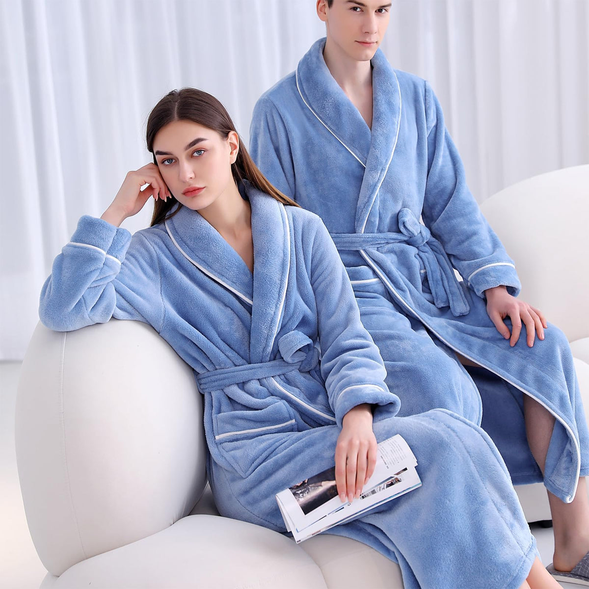 Flannel Bathrobe Set Autumn Winter Coral Fleece Nightgown for Men and Women Warm - Grey 4
