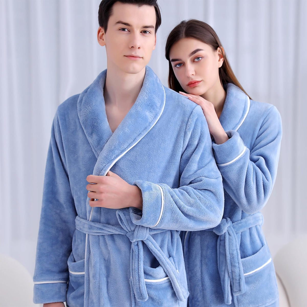 Flannel Bathrobe Set Autumn Winter Coral Fleece Nightgown for Men and Women Warm - Grey 5