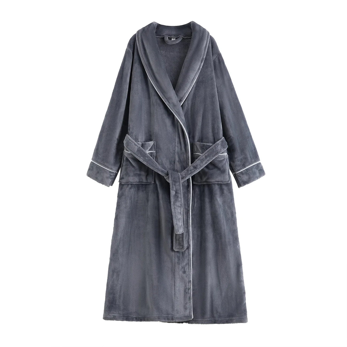 Flannel Bathrobe Set Autumn Winter Coral Fleece Nightgown for Men and Women Warm - Grey 7