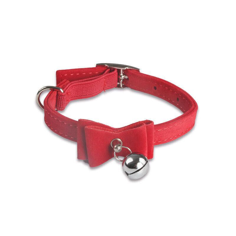 1× Adjustable Suede Cat Collar with Bow Bell Pink Blue Black Red - Brown 11