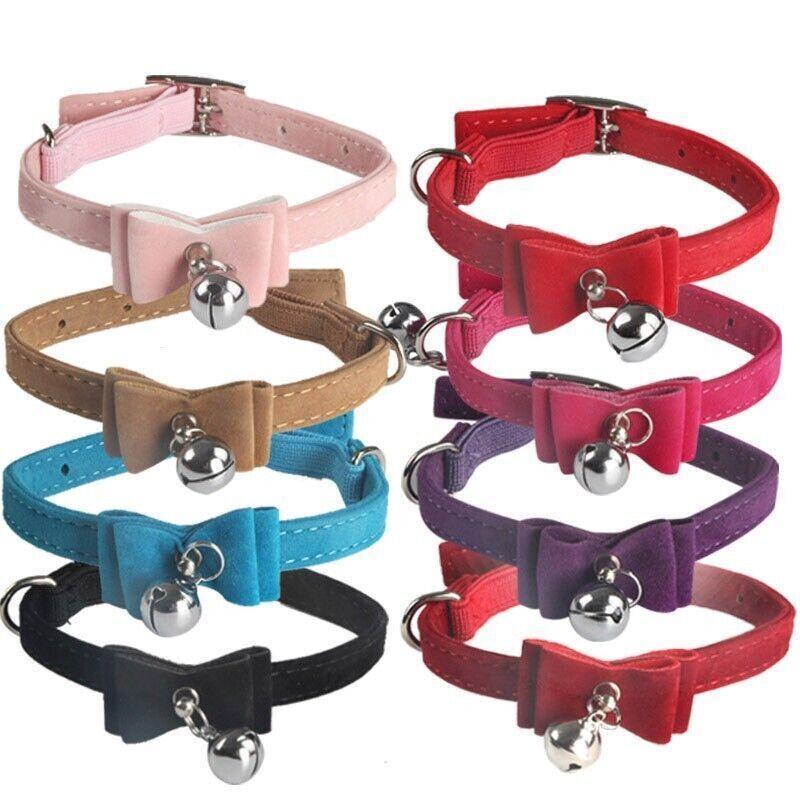 1× Adjustable Suede Cat Collar with Bow Bell Pink Blue Black Red - Dark Red 4
