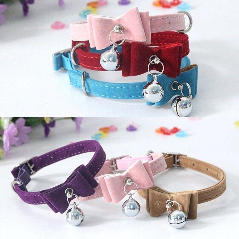 1× Adjustable Suede Cat Collar with Bow Bell Pink Blue Black Red - Pink