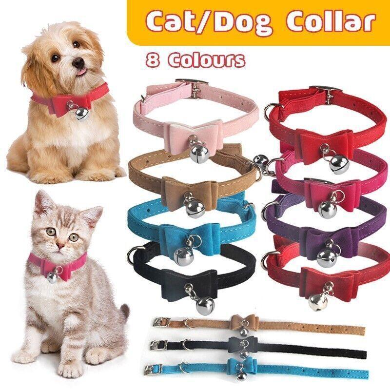 1× Adjustable Suede Cat Collar with Bow Bell Pink Blue Black Red - Pink 3